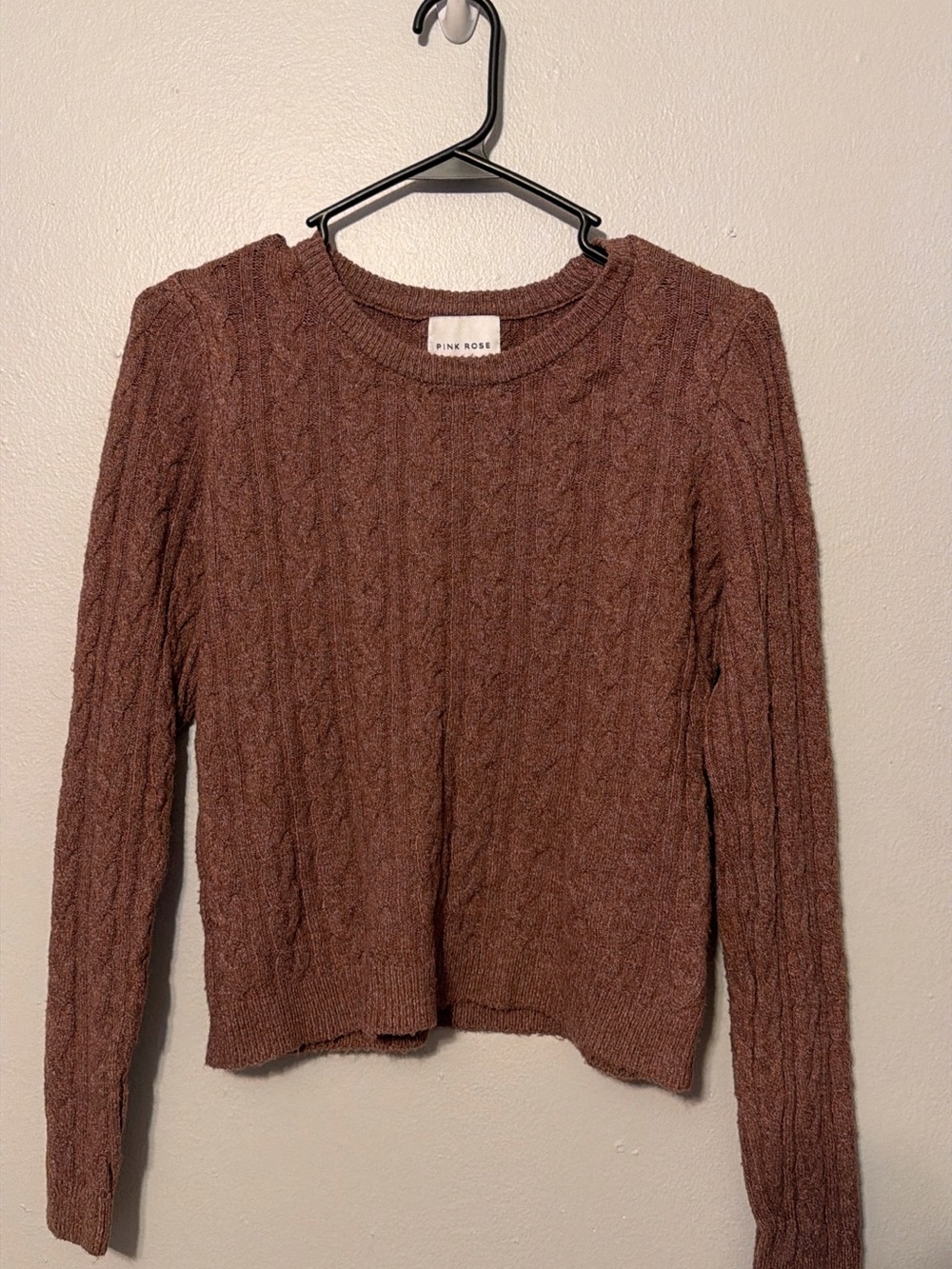 Pink Rose Cable Knit Crewneck Sweater in Brown
